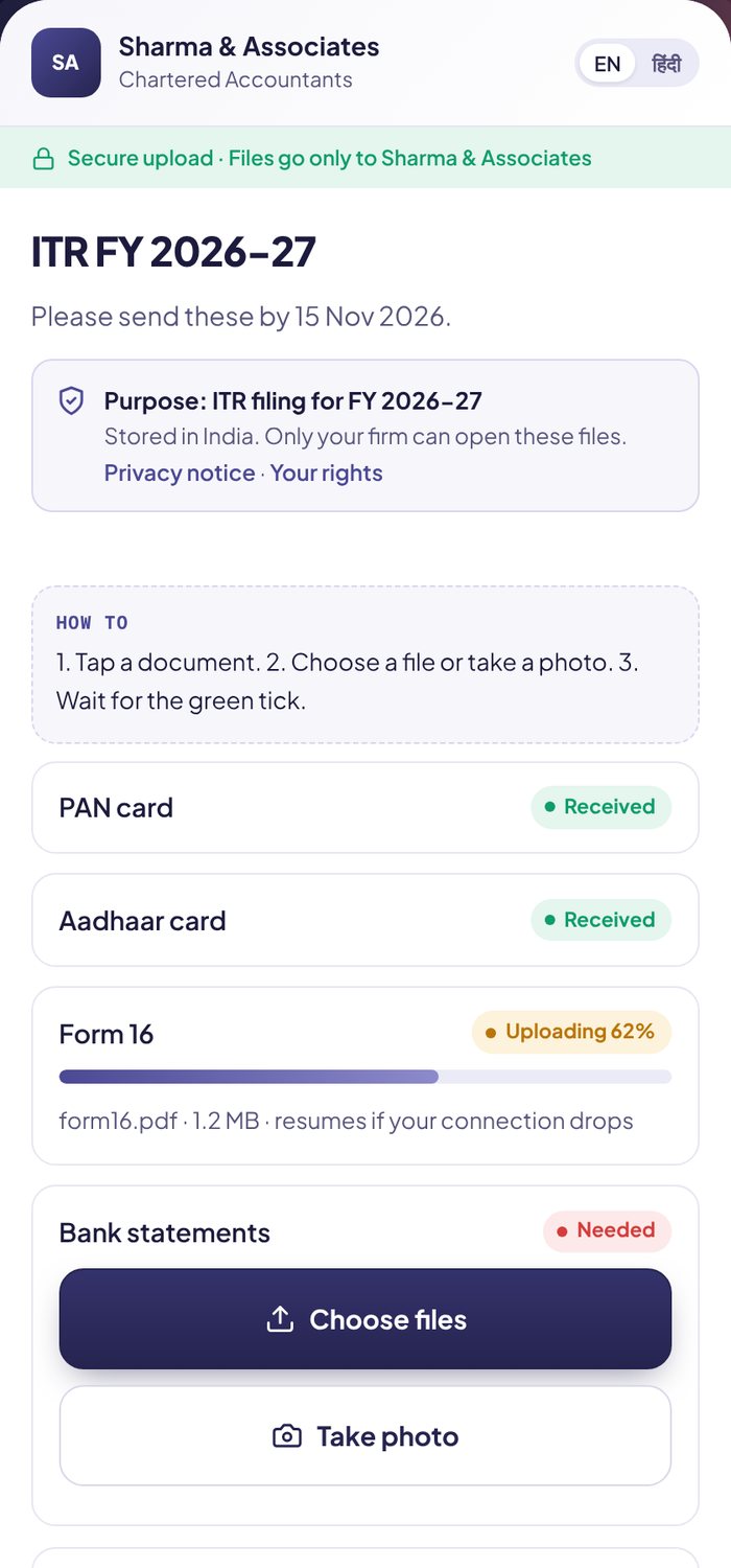 The upload page a client sees on their phone